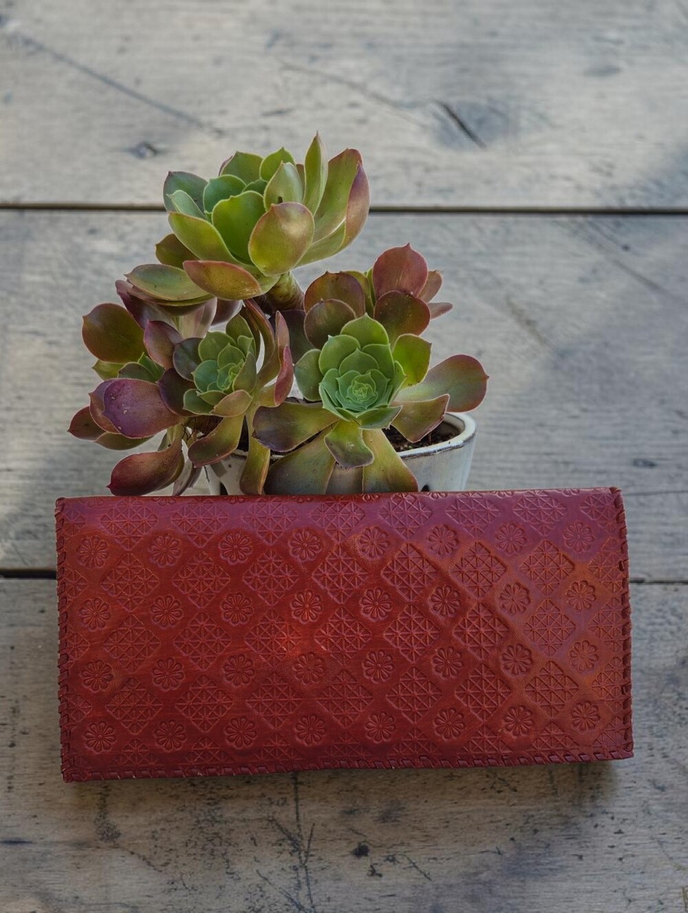 Fabindia Handcrafted Red Embossed Leather Wallet